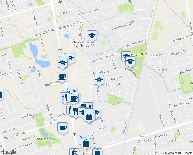 map of restaurants, bars, coffee shops, grocery stores, and more near 62 Squire Drive in Richmond Hill