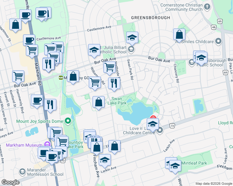map of restaurants, bars, coffee shops, grocery stores, and more near 41 Miramar Drive in Markham