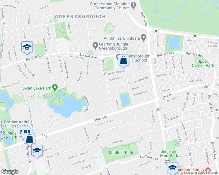 map of restaurants, bars, coffee shops, grocery stores, and more near 1 Victoria Wood Avenue in Markham