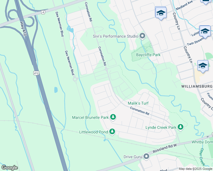 map of restaurants, bars, coffee shops, grocery stores, and more near 3360 Coronation Road in Whitby