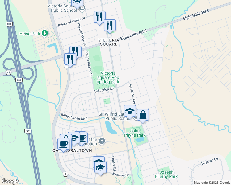 map of restaurants, bars, coffee shops, grocery stores, and more near 10540 Victoria Square Boulevard in Markham