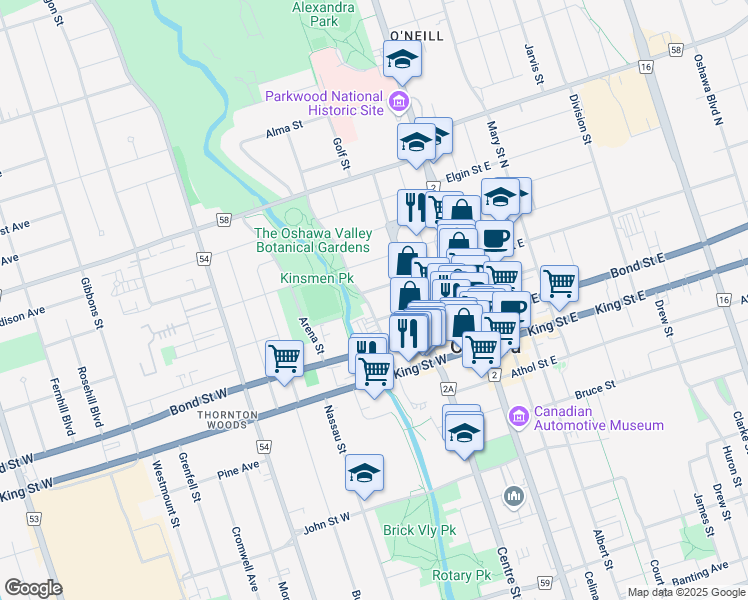 map of restaurants, bars, coffee shops, grocery stores, and more near 80 McMillan Drive in Oshawa