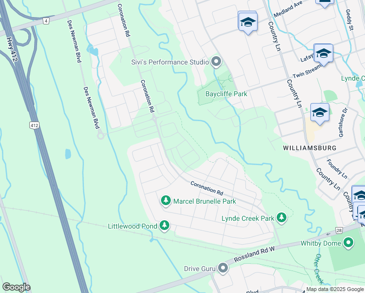 map of restaurants, bars, coffee shops, grocery stores, and more near 3425 Coronation Road in Whitby