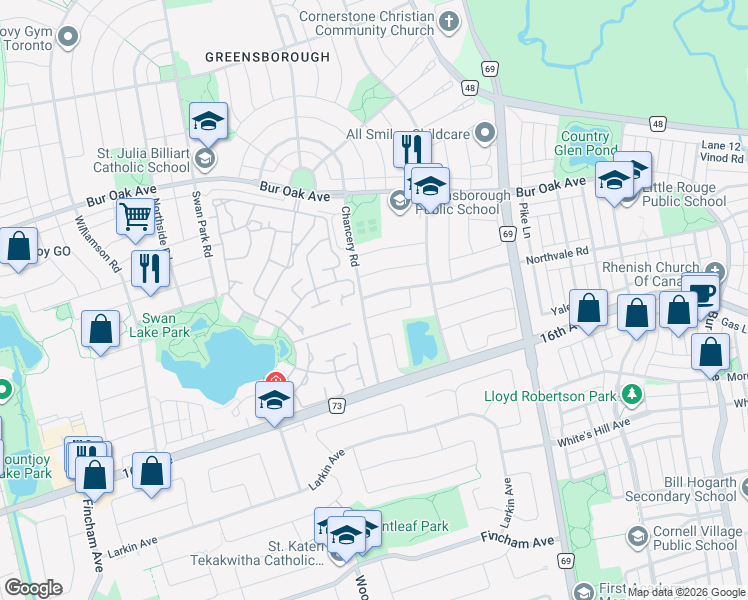map of restaurants, bars, coffee shops, grocery stores, and more near 1 Victoria Wood Avenue in Markham