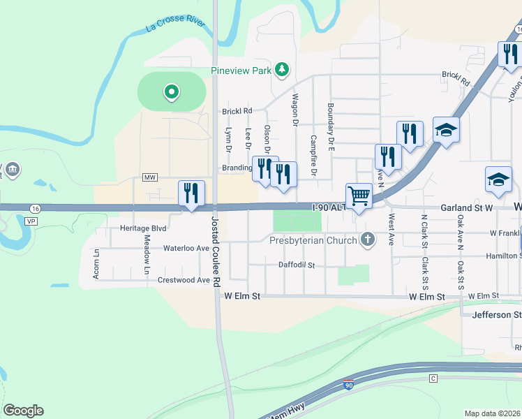 map of restaurants, bars, coffee shops, grocery stores, and more near 965 Wisconson 16 Trunk in West Salem