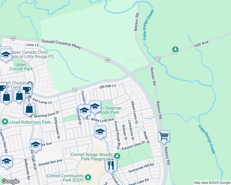 map of restaurants, bars, coffee shops, grocery stores, and more near 10 Snowcreek Street in Markham