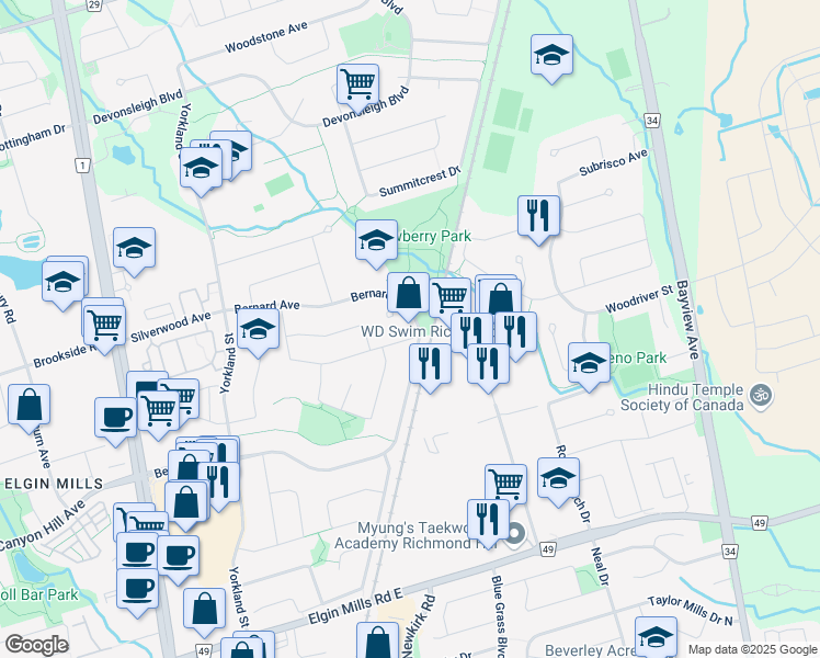 map of restaurants, bars, coffee shops, grocery stores, and more near 220 Bernard Avenue in Richmond Hill