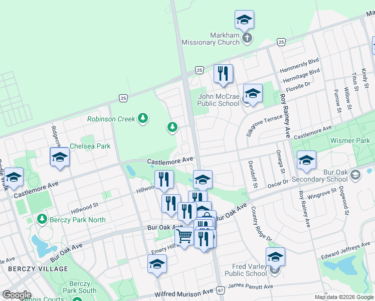 map of restaurants, bars, coffee shops, grocery stores, and more near 56 Prince Charles Way in Markham