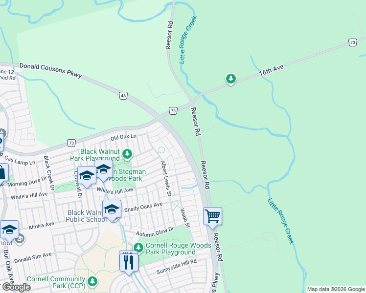 map of restaurants, bars, coffee shops, grocery stores, and more near 2220 Donald Cousens Parkway in Markham