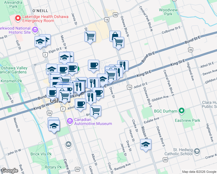 map of restaurants, bars, coffee shops, grocery stores, and more near 193 King Street East in Oshawa