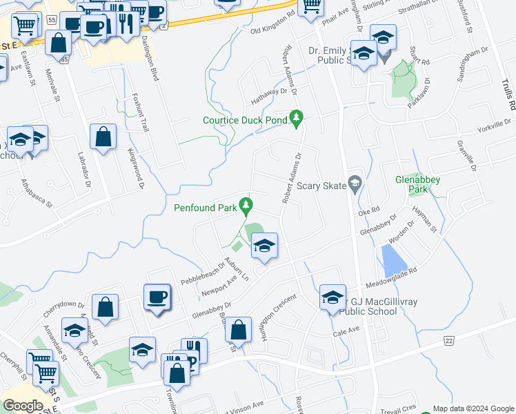 map of restaurants, bars, coffee shops, grocery stores, and more near 18 Hemmingway Drive in Courtice