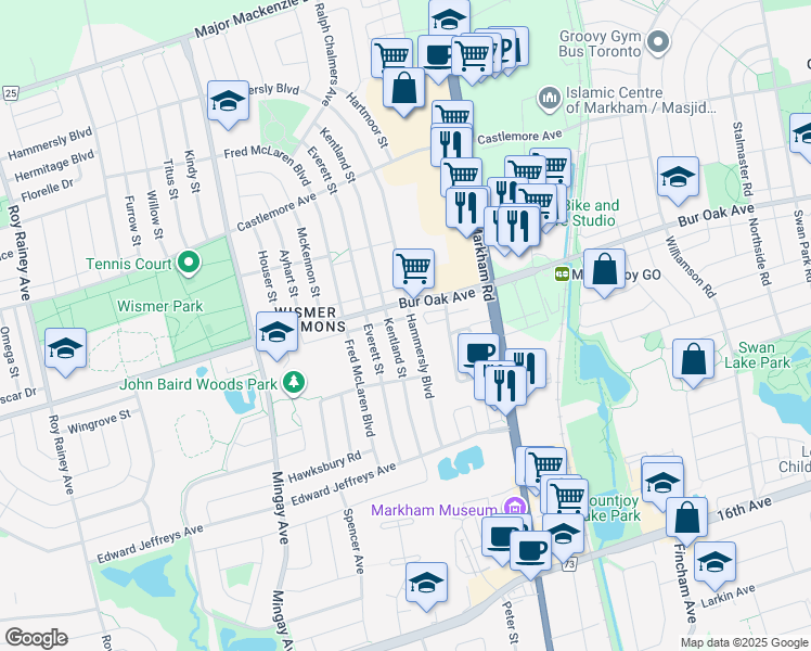 map of restaurants, bars, coffee shops, grocery stores, and more near 96 Hammersly Boulevard in Markham