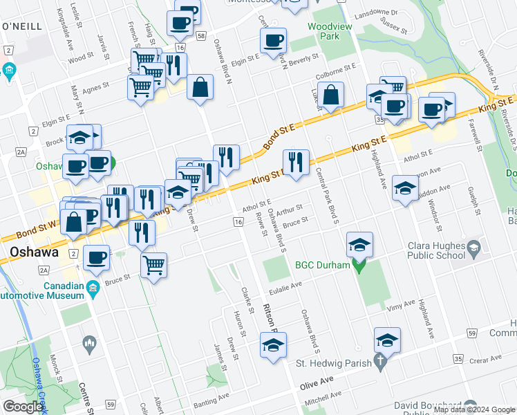 map of restaurants, bars, coffee shops, grocery stores, and more near 309 Athol Street East in Oshawa