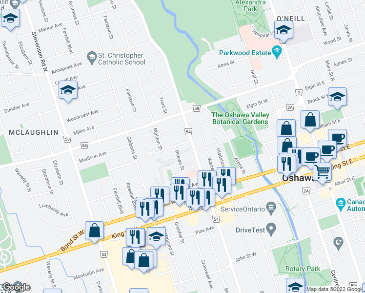 map of restaurants, bars, coffee shops, grocery stores, and more near 277 Anderson Avenue in Oshawa