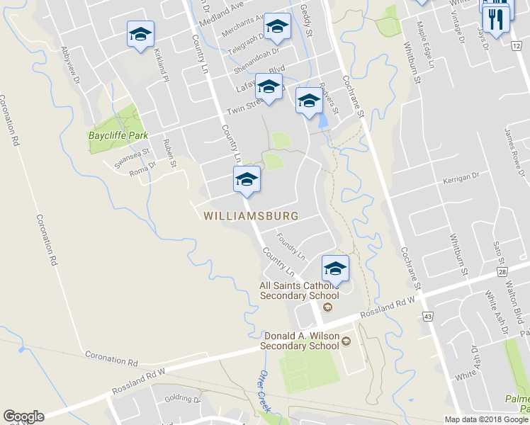 map of restaurants, bars, coffee shops, grocery stores, and more near 9 Gartshore Drive in Whitby