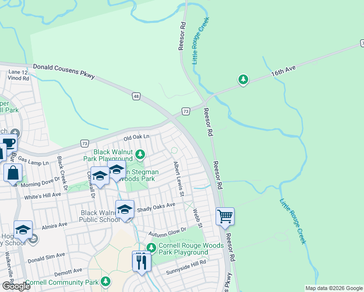 map of restaurants, bars, coffee shops, grocery stores, and more near 223 Webb Street in Markham