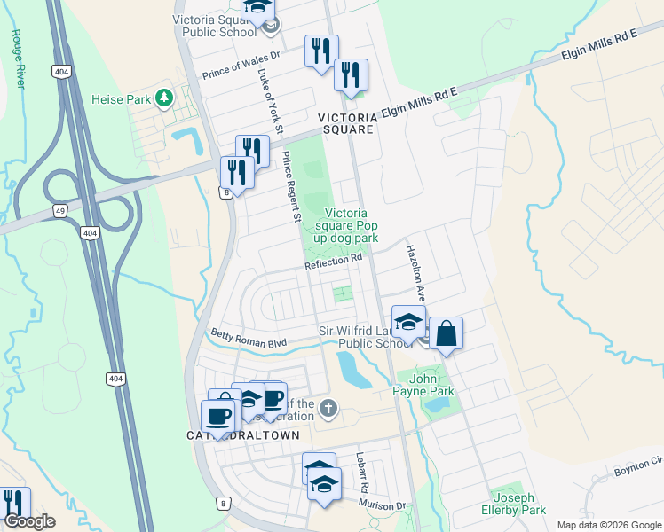map of restaurants, bars, coffee shops, grocery stores, and more near 21 Reflection Road in Markham