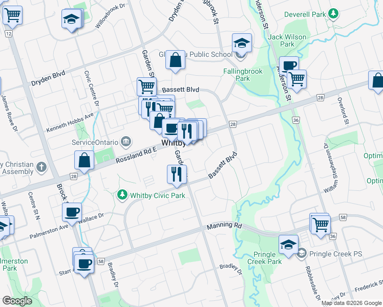 map of restaurants, bars, coffee shops, grocery stores, and more near 17 Heaver Drive in Whitby