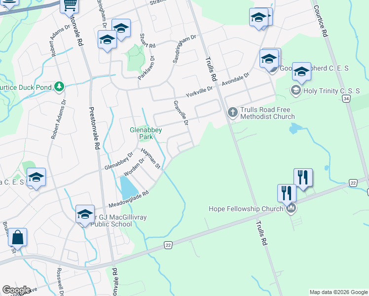 map of restaurants, bars, coffee shops, grocery stores, and more near in Courtice