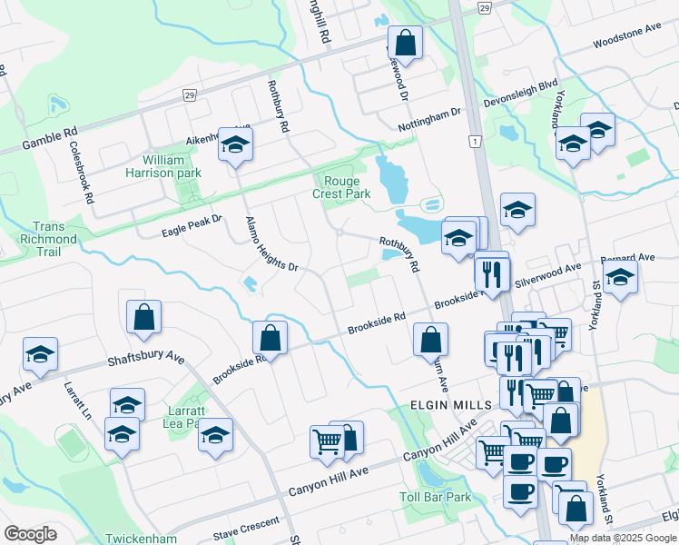 map of restaurants, bars, coffee shops, grocery stores, and more near 55 Laredo Drive in Richmond Hill