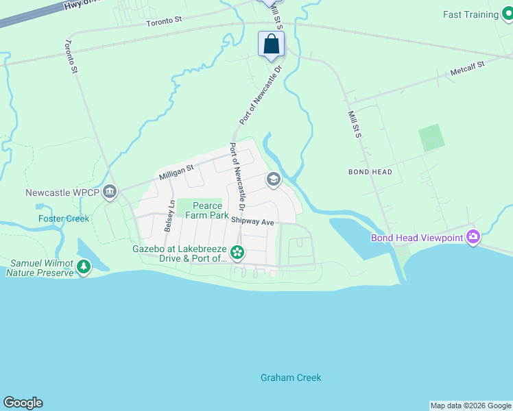 map of restaurants, bars, coffee shops, grocery stores, and more near Beacham Crescent in Clarington