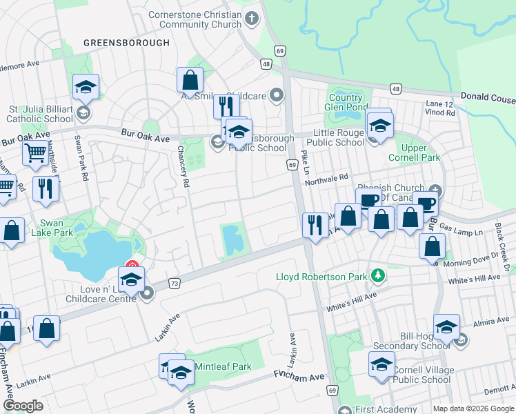 map of restaurants, bars, coffee shops, grocery stores, and more near 16 Chasser Drive in Markham