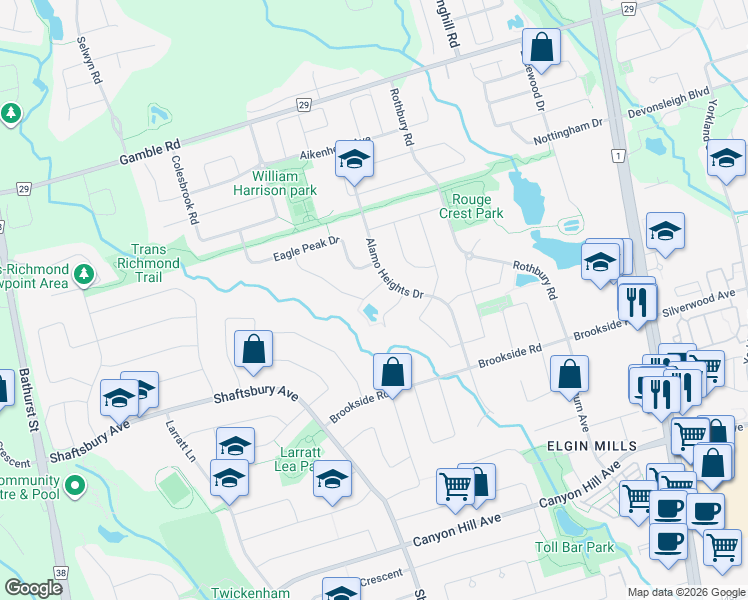 map of restaurants, bars, coffee shops, grocery stores, and more near 19 Durango Drive in Richmond Hill