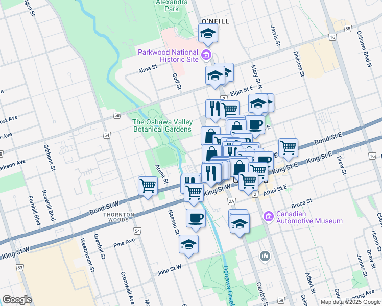 map of restaurants, bars, coffee shops, grocery stores, and more near 80 McMillan Drive in Oshawa