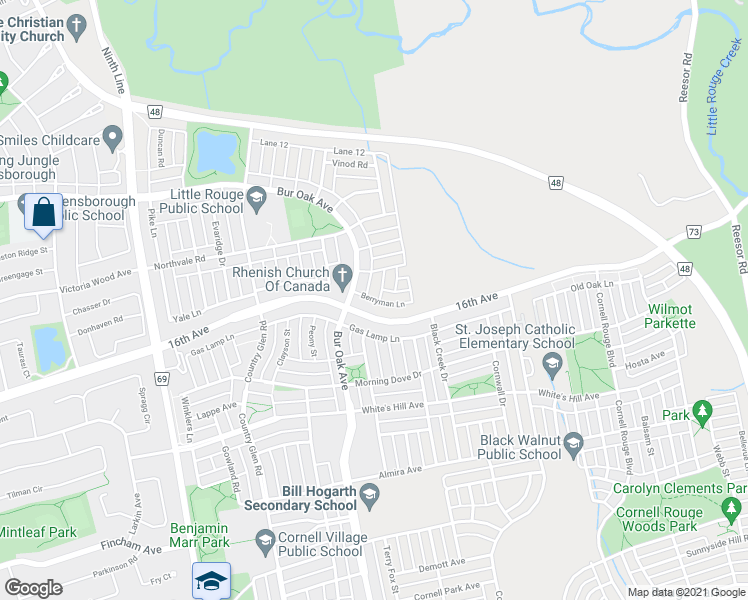 map of restaurants, bars, coffee shops, grocery stores, and more near 19 Berryman Lane in Markham