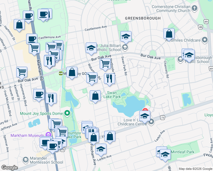 map of restaurants, bars, coffee shops, grocery stores, and more near 41 Miramar Drive in Markham