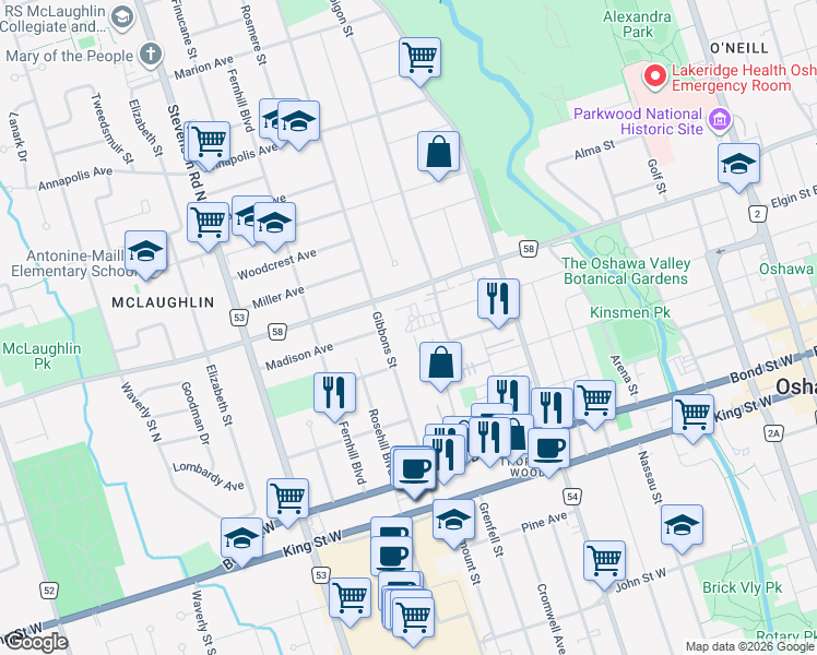 map of restaurants, bars, coffee shops, grocery stores, and more near 371 Elgin Court in Oshawa