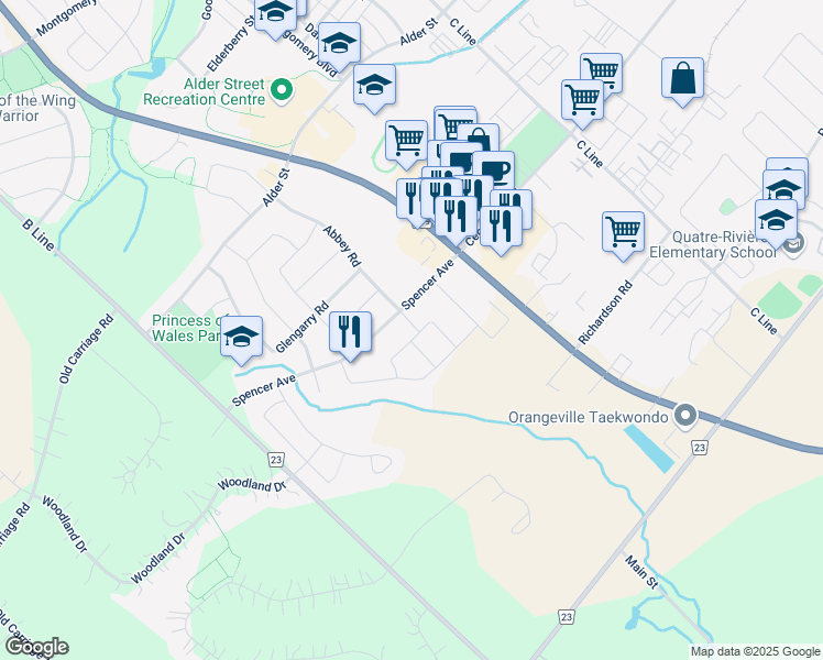 map of restaurants, bars, coffee shops, grocery stores, and more near 27 Althorp Drive in Orangeville