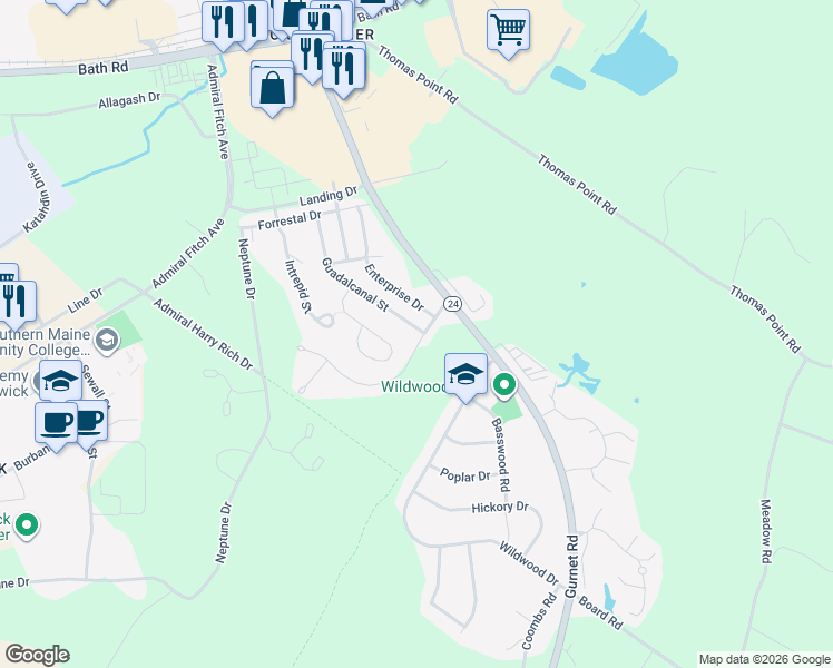 map of restaurants, bars, coffee shops, grocery stores, and more near 1 Guadalcanal Street in Brunswick