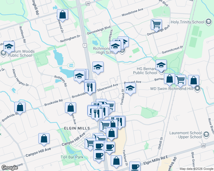 map of restaurants, bars, coffee shops, grocery stores, and more near 133 Silverwood Avenue in Richmond Hill