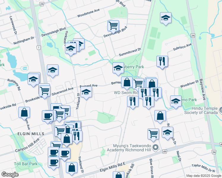 map of restaurants, bars, coffee shops, grocery stores, and more near 29 Tamara Drive in Richmond Hill