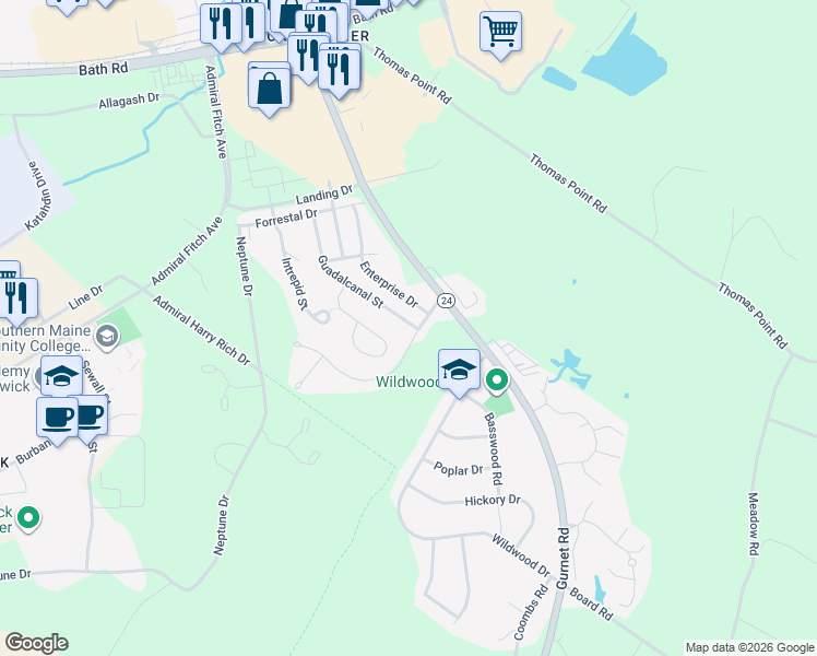 map of restaurants, bars, coffee shops, grocery stores, and more near 1 Guadalcanal Street in Brunswick
