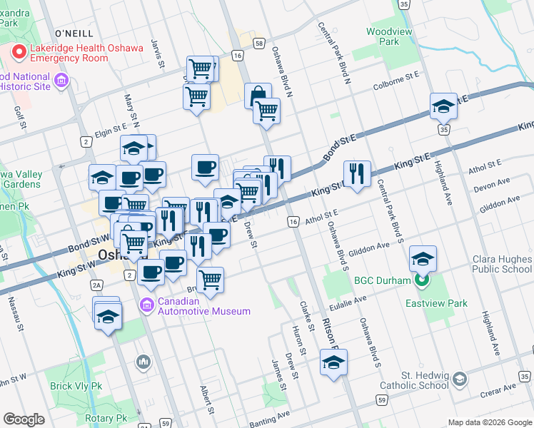 map of restaurants, bars, coffee shops, grocery stores, and more near in Oshawa