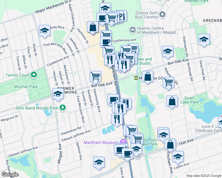 map of restaurants, bars, coffee shops, grocery stores, and more near 1 Climo Lane in Markham