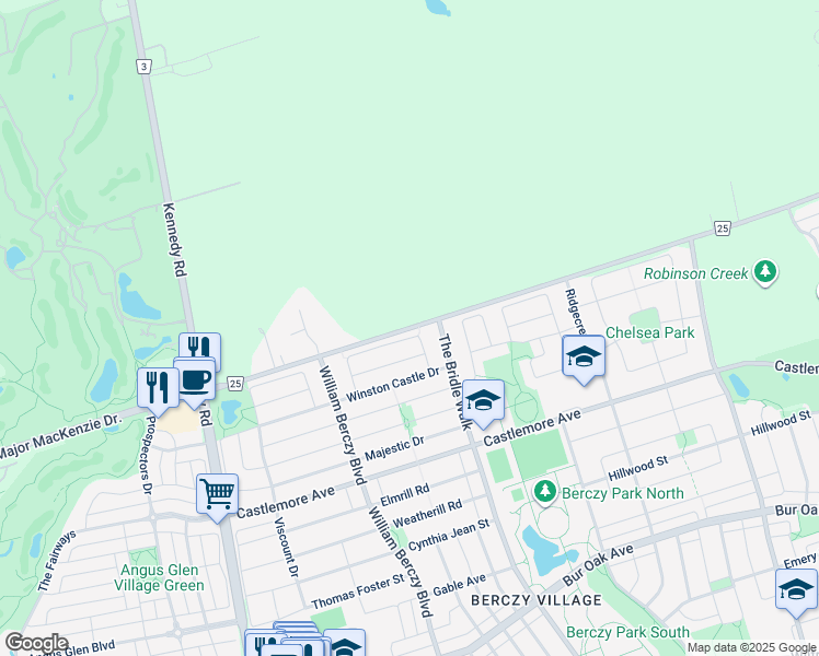map of restaurants, bars, coffee shops, grocery stores, and more near Major Mackenzie Drive East in York Regional Municipality
