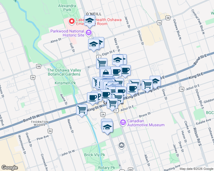 map of restaurants, bars, coffee shops, grocery stores, and more near in Oshawa