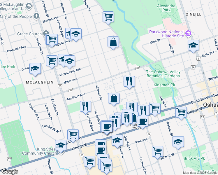 map of restaurants, bars, coffee shops, grocery stores, and more near in Oshawa