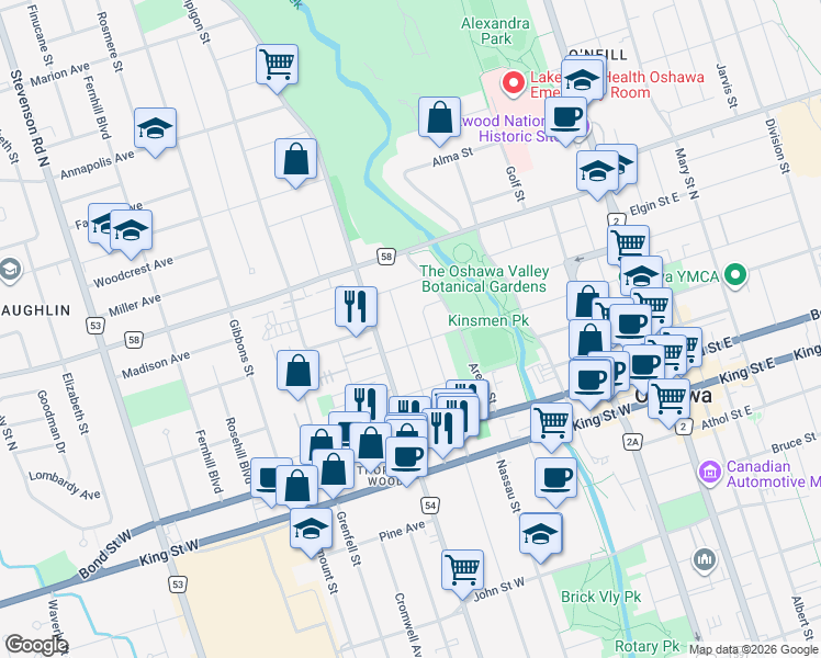 map of restaurants, bars, coffee shops, grocery stores, and more near 137 Warren Avenue in Oshawa