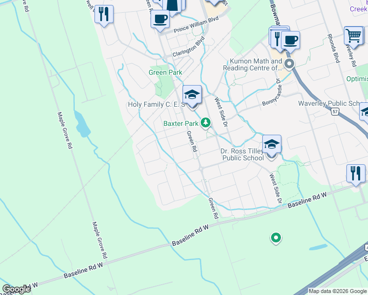 map of restaurants, bars, coffee shops, grocery stores, and more near 78 Butson Crescent in Clarington