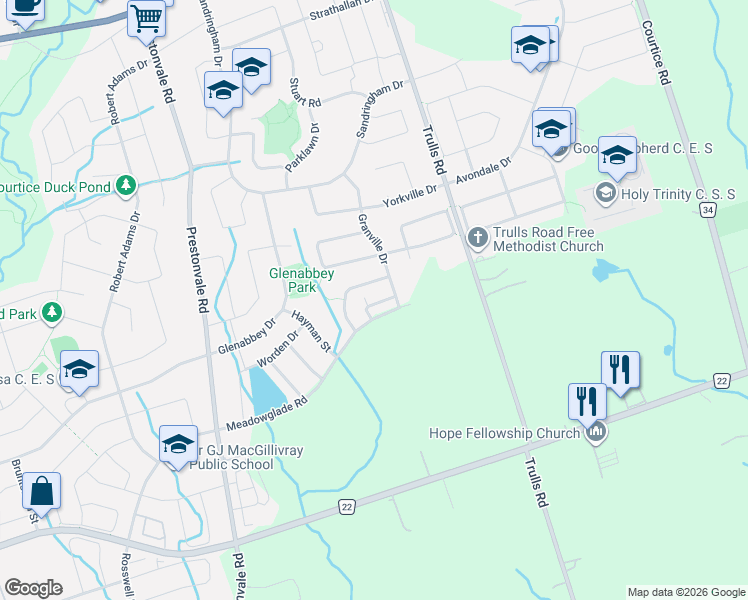 map of restaurants, bars, coffee shops, grocery stores, and more near 28 Katerson Lane in Clarington
