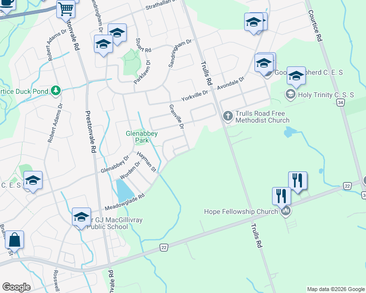 map of restaurants, bars, coffee shops, grocery stores, and more near Katerson Lane in Courtice