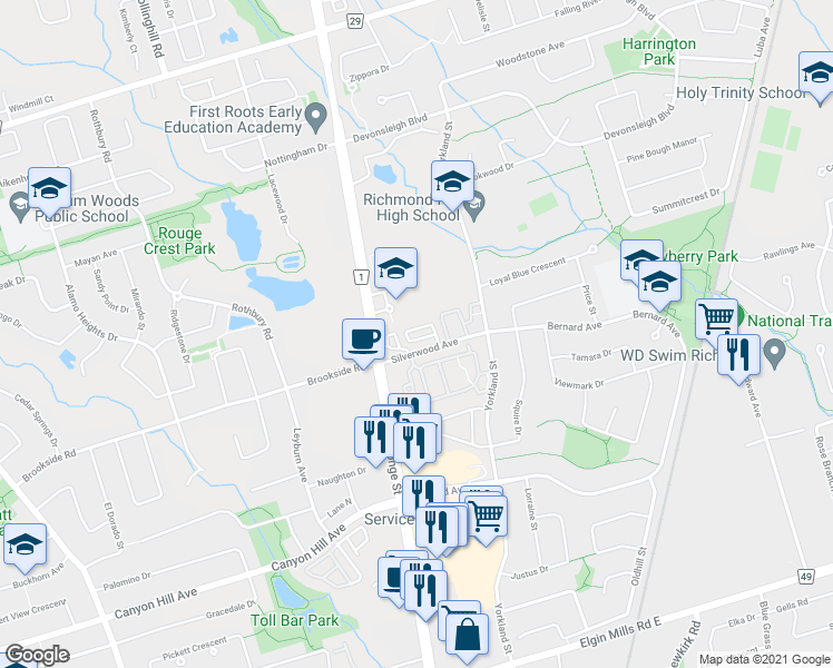 map of restaurants, bars, coffee shops, grocery stores, and more near 23 Ormerod Lane in Richmond Hill
