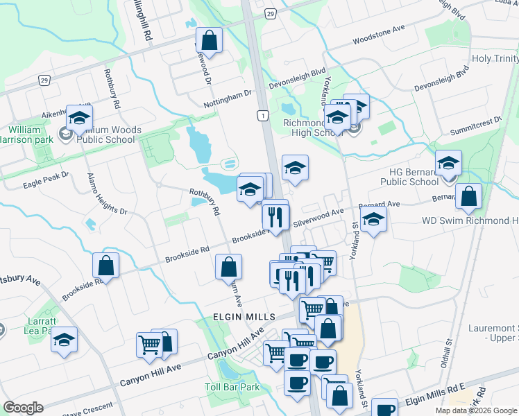 map of restaurants, bars, coffee shops, grocery stores, and more near 11160 Yonge Street in Richmond Hill