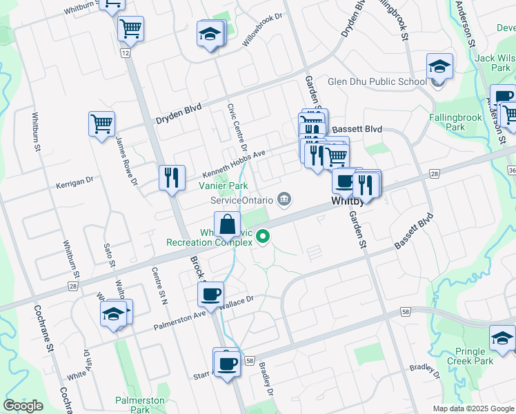 map of restaurants, bars, coffee shops, grocery stores, and more near in Whitby
