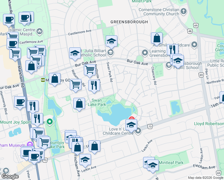 map of restaurants, bars, coffee shops, grocery stores, and more near 1 Miramar Drive in Markham