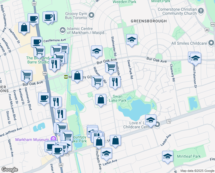 map of restaurants, bars, coffee shops, grocery stores, and more near Park Place Drive in Markham